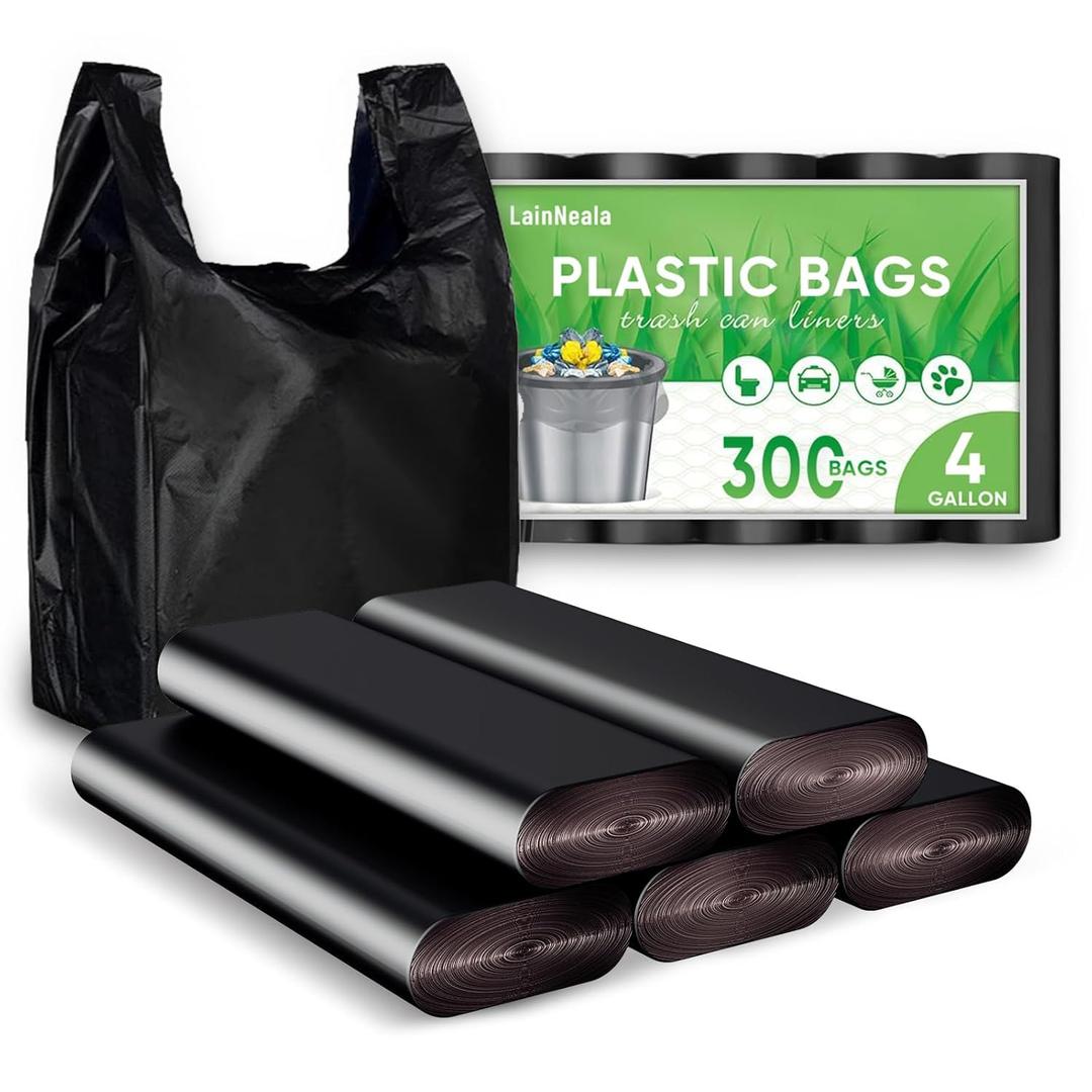 LainNeala Black Plastic Bags (11.5'x 6.5" x 21')(300Pack) with Handles - Shopping & Grocery Bags for Small Business & Restaurants in Bulk