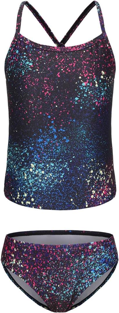 Girls Two Piece Tankini Swimsuits Hawaiian Ruffle Bathing Suit Summer Beach Swimwear Set (4-5T, Dark Red Splash)