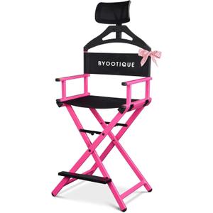 BYOOTIQUE Makeup Artist Stool Chair, Protable 28" Height Tall Folding Directors Chair, Aluminum Makeup Chair with Head Rest for Wedding Hair Stylist Studio Salon Vanity Craft Show, Pink