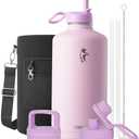 Coolflask 128 oz Gallon Water Bottle Insulated with Straw&3 Lids, Water Jug Large Stainless Steel Metal Vacuum Wide Mouth for Sports, Gym or Office, Non-BPA Keep Cold 48H Hot 24H, Pink