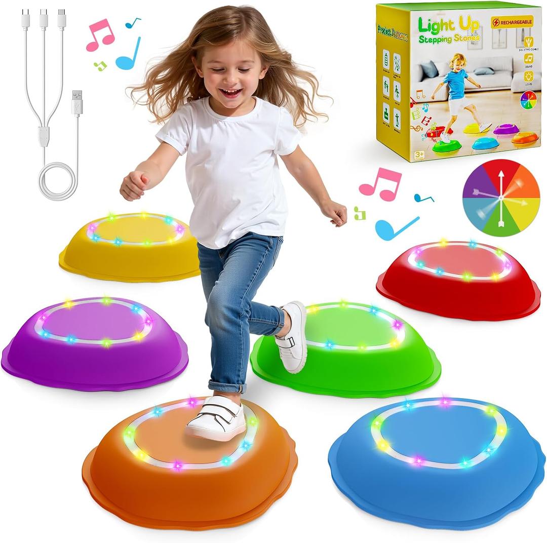 Rechargeable Stepping Stones for Kids, 6pcs Music and Light Up Non-Slip Balance Sensory Toys for Toddler, Kids Indoor and Outdoor Play Equipment, Birthday Gifts Toys for 2 3 4 5+ Year Old Kids