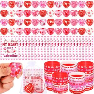 Skylety 48 Sets Valentine's Day Heart Stress Ball and Valentines Silicone Bracelets Bulk Mini Heart Shaped Stress Relief Fidget Rubber Wristbands with Card for Valentine Party Favors Exchange Gifts