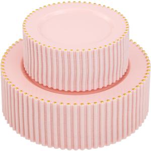 supernal 100pcs Pink Plastic Plates with Gold Beads Plates Disposable Heavy Duty Valentine's Day Decorations Includes 10 inch Dinner Plate and 7 inch Dessert Disposable Plate for Party,Wedding