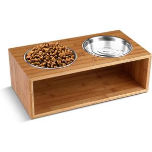 Flexzion Elevated Dog Bowl Stand Raised Dog Bowl Holder Pet Feeding Station Dish Riser 14 Oz 4.7-Inch Tall Food and Water Platform Stainless Steel Raised Food Bowl for Dogs and Cats with Wooden Stand