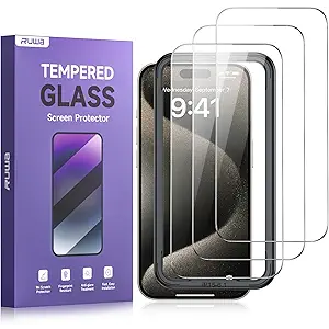 ruwa Screen Protector for iPhone 15,[6.1 Inch][3-Pack] HD Tempered Glass Film with Easy Installation Frame, Ultra Clear, Case Friendly