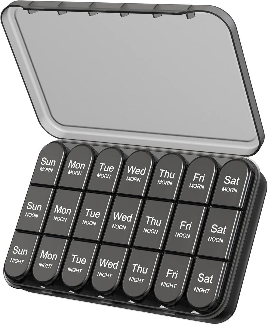 Daviky Pill Organizer 3X a Day, Weekly Pill Box 7 Day, Travel Pill Case with Large Containers, Light-Proof Pill Case for Vitamins, Medication, Supplements and Fish Oils (Black)