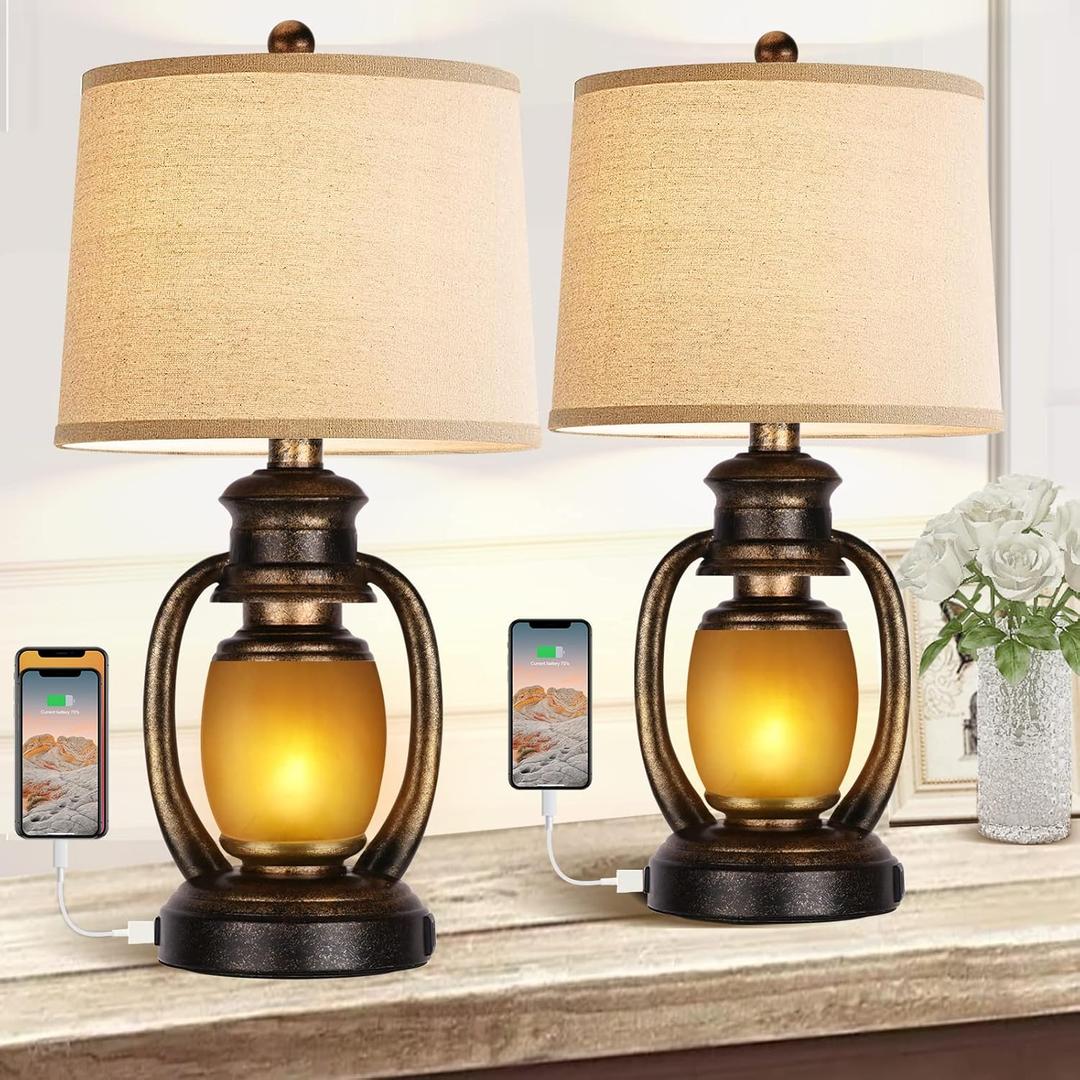 Set of 2 Rustic Living Room with 2 USB Port and Outlet,Farmhouse Table Bedside Lamps for Bedroom,Vintage Cottage Nightstand Lamps with Nightlight Miner Lantern (Bronze)