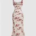 Verdusa Women's Floral Mesh Ruched Sleeveless Cami Dress Fishtail Bodycon Long Dresses (M)