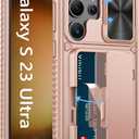 Vihibii for Samsung Galaxy S23 Ultra Case with Card Holder (4 Cards), Slide Camera Cover & Stand, Raised Edges Protect Screen & Military Grade Drop Protection Case for Galaxy S23 Ultra 5G 6.8", Gold