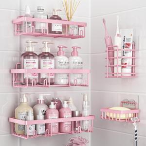5 Pack Shower Caddy Organizer Rack Shelf for Inside Shower, Adhesive Bathroom Wall Storage Basket Rustproof Stainless Steel Shampoo Holder, Girly Bathroom Accessory Decor Set, Pink