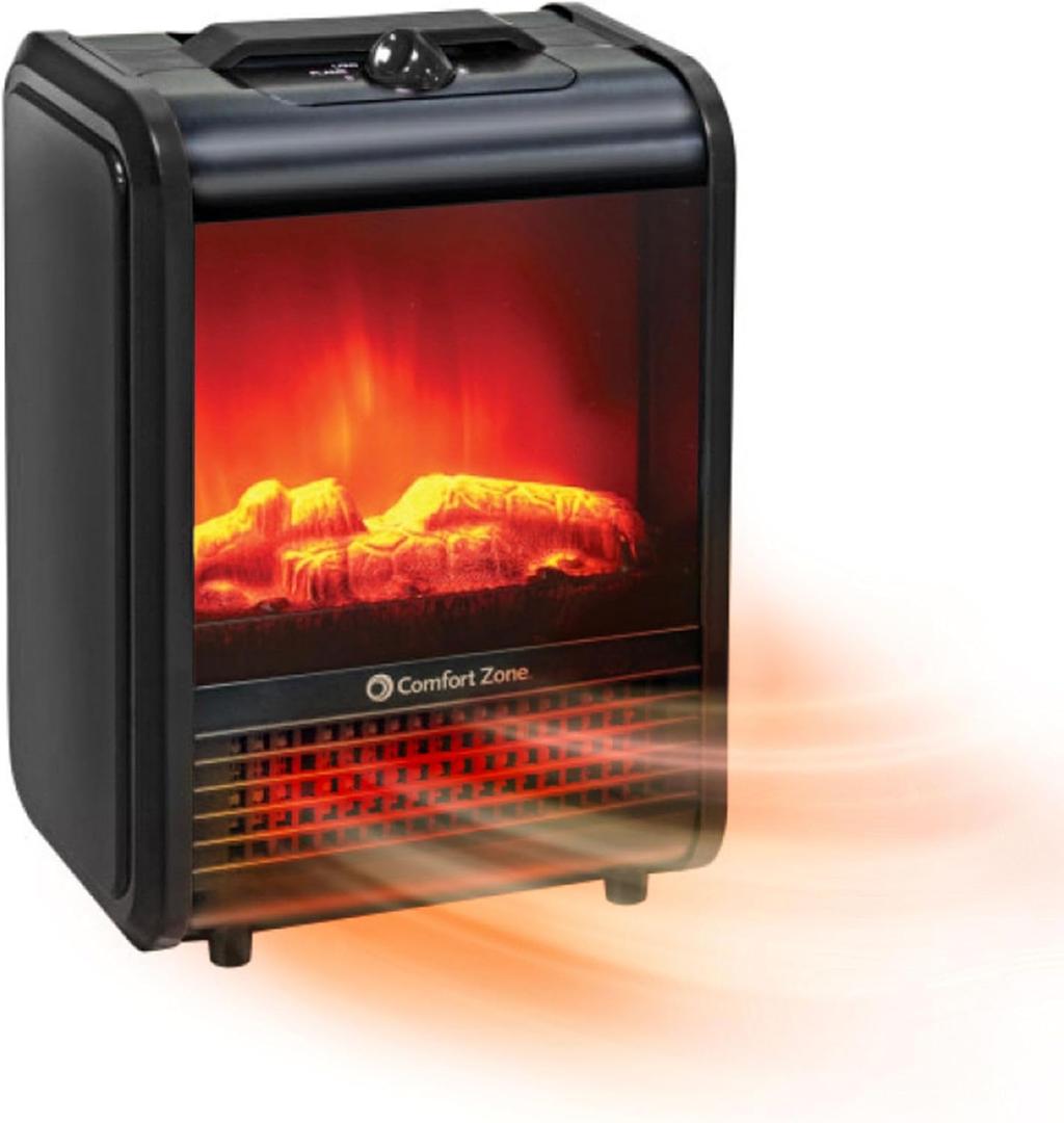 Comfort Zone Electric Mini Fireplace Space Heater with Realistic 3D Flame, Stay-Cool Body, Carry Handle, Overheat Sensor, and Safety Tip-Over Switch, Ideal for Home, Bedroom, & Office, 1,200W, CZFP1BK, 600/1,200-Watt