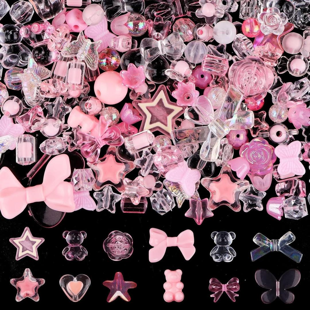 150PCS Acrylic Pastel Beads for Jewelry Making, Kalolary Colorful Bow Butterfly Flower Beads Kawaii Plastic Candy Heart Bead Cute Macaroon Aesthetic Bead for Bracelet Necklace DIY Supplies (Pink)