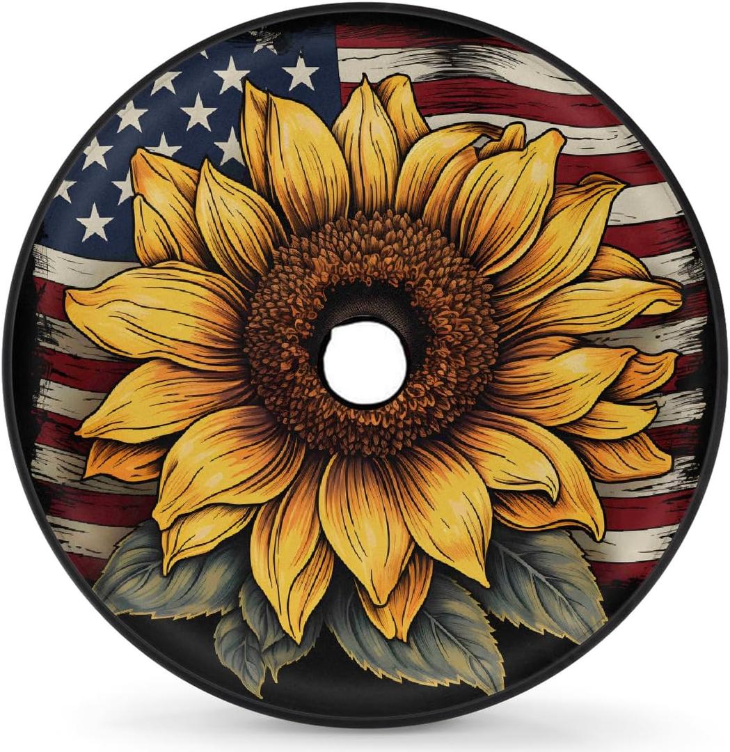 Spare Tire Cover with Backup Camera Hole American Flag Sunflower 17inch Wheel Cover Protector Universal Fit for Trailer,RV,Camper,SUV,Truck