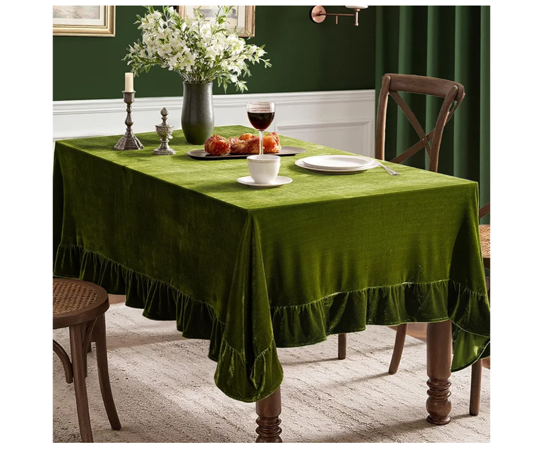MIULEE Velvet Table Cloth with Decorative Ruffle Edge Luxurious Soft Spring Washable Rectangular Tablecloth Thick Wrinkle-Resistant Oblong Table Cover for Kitchen Dining 60x102 Inch Olive Green