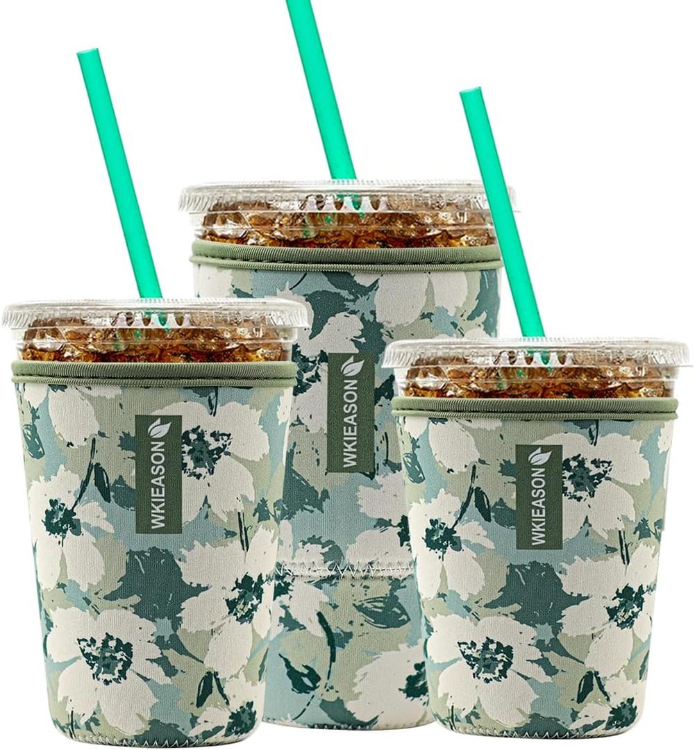 Reusable Iced Coffee Cup Sleeve Insulator for Cold Beverages and Neoprene Cold Coffee Cup Sleeves Cooler Cover 16-32OZ for Coffee Cups, McDonalds, Dunkin Donuts, More(Floral green)