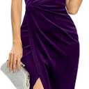 Missufe Women's Sleeveless Spaghetti Strap Wrap V Neck Bodycon Ruched Slit Midi Party Cocktail Velvet Dress (X-Large, Purple)