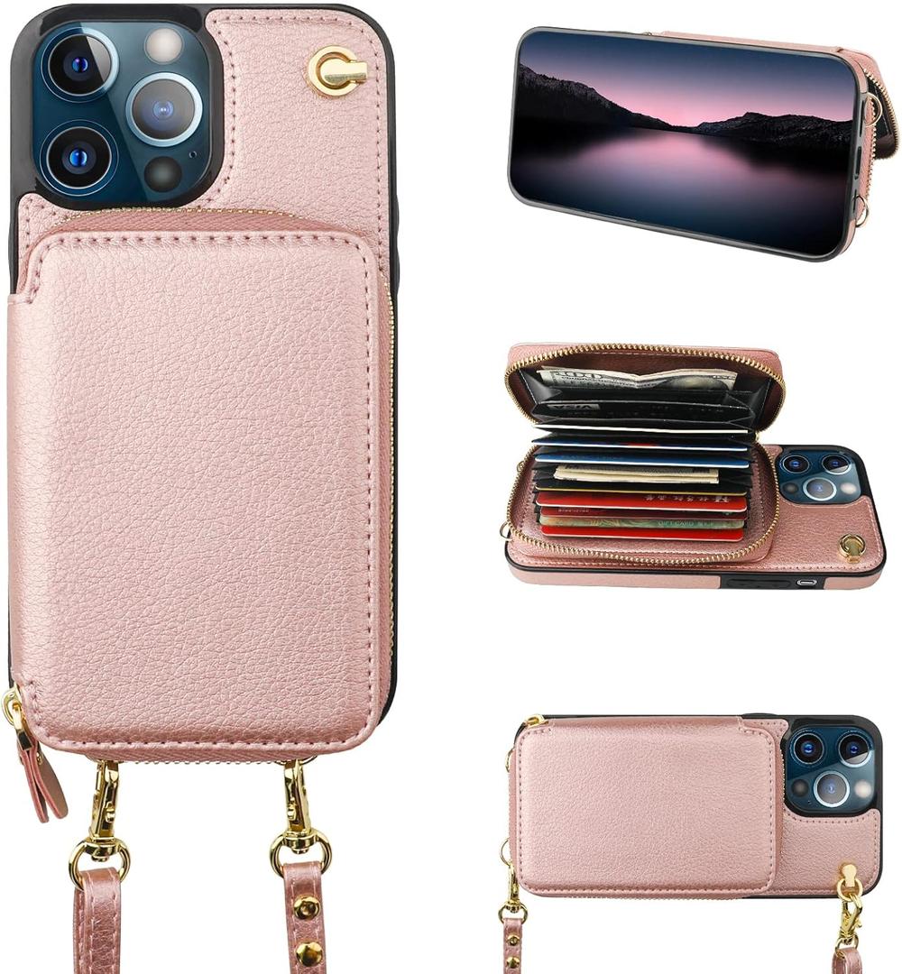 Bocasal Crossbody Wallet Case for iPhone 13 Pro Max, RFID Blocking Leather Purse Case with Card Holder, Protective Handbag Flip Cover with Zipper Wrist Strap Lanyard for Women 5G 6.7 Inch (Rose Gold)