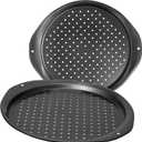 Pizza Pan 14-Inch Non-Stick Large with Perforated Round Carbon Steel Pizza Baking Pan, suitable for home and restaurant use. 2-Piece,Pizza Tray - Dishwasher Safe (Dark gray) (Black)