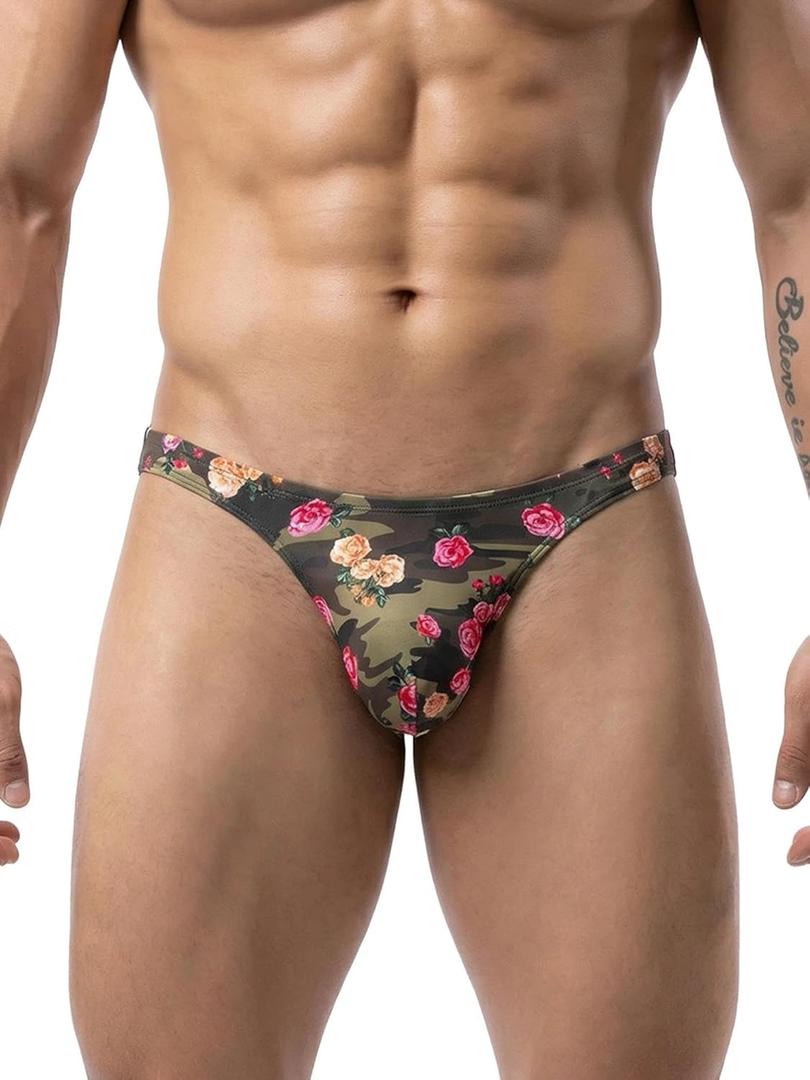 Mens Underwear Thong Sexy G-String Briefs Low Rise Shorts with Flower Prints Soft T-Back Big Contour Pouch Hot (Medium, Camorose)