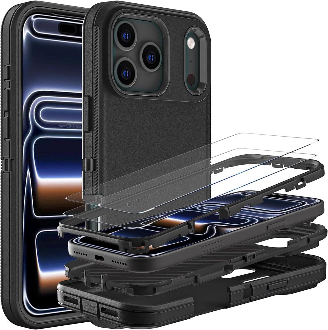 YKHJKLEC for iPhone 17 Pro Case, Military Grade 3 in 1 Heavy Duty Shockproof/Drop Proof/Dust Proof Case with 2Pcs Tempered Glass Screen Protector (Black/Black)