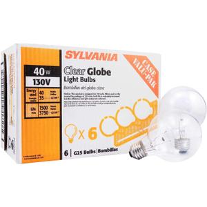 SYLVANIA Incandescent G25 Dcor Globe Light Bulb, 40W, Dimmable, E26 Medium Base, Clear, 2850K, Warm White - 6 Pack (14191)