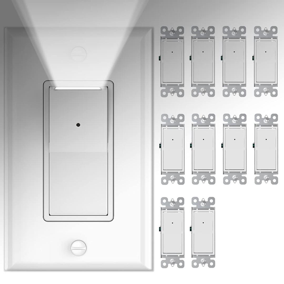 10 Pack SOZULAMP Light Switch with LED Night Light 15Amp 120/277Volt Rocker Single Pole Wall Switch, Automatic On/Off Sensor