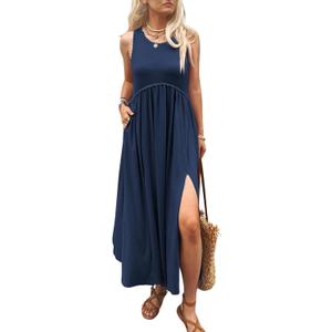 Women's Maxi Dress Summer Sleeveless Crewneck Swing Sundress Casual Loose Long Dresses with Pockets (Large, Navy)