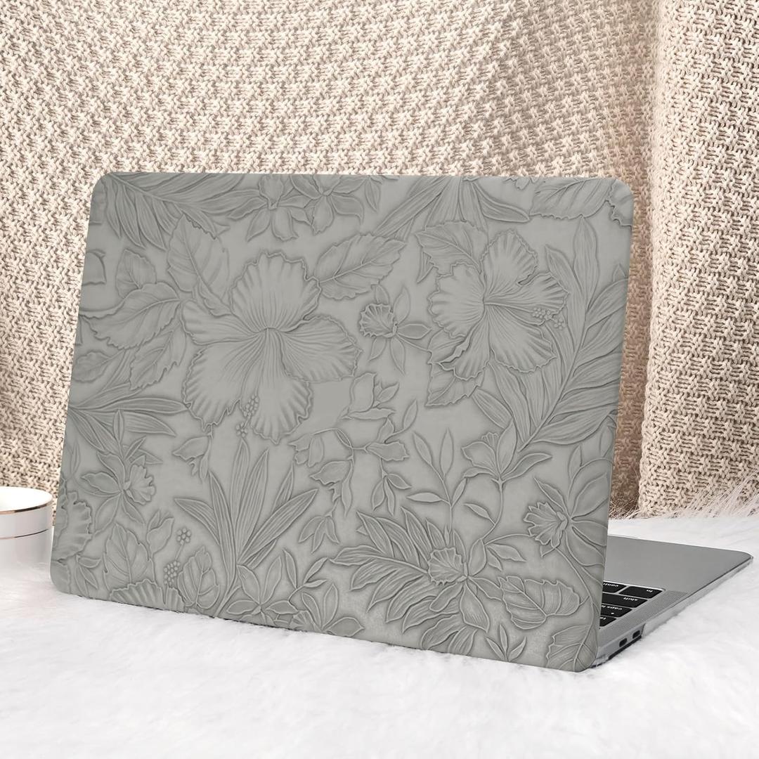 Seorsok Compatible with MacBook Air 13 Inch Case 2022 2021 2020-2018 Release A1932 A2179 M1 A2337,Elegant Grey Blooming Floral Leather Plastic Hard Shell Case with Keyboard Cover,No Logo Cutout