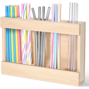 Wooden Cabinet Door Straw Holder, Reusable Straw Dispenser Space-Saving Drinking Straws Organizer for Cabinet Door Kitchen Cupboard Countertop Storage, Adhesive No Drill Installation