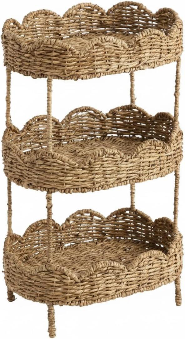AceOrbit 3 Tier Floor Stand Scalloped Basket Stand 3 Tier Oval Seagrass Scalloped Storage Basket Floor Rack with Market Baskets Hand Woven Laundry Rack for Bathroom Kitchen Laundry Living Room Storage