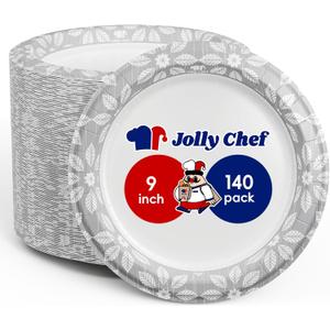 JOLLY CHEF 9 inch 140 Pack Disposable Paper Plates,Soak Proof, Cut Proof, Heavy Duty Printed Paper Plates for Everyday Use