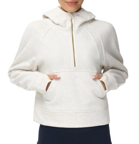THE GYM PEOPLE Women’s Hoodies Half Zip Long Sleeve Fleece Crop Pullover Sweatshirts with Pockets Thumb Hole Off-White, Extra Small 