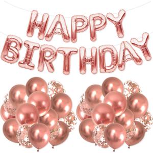 PartyForever Rose Gold Happy Birthday Balloons 16inch Letters Banner for 21st, 30th, 40th, 50th or 60th Birthday Birthday Party Decorations and Supplies for Girls and Women