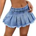 Women's Y2K Low Waist Pleated Denim Skirt Zipper Raw Hem Mini Skirt Casual Ruffle Jean Skirt (Medium)