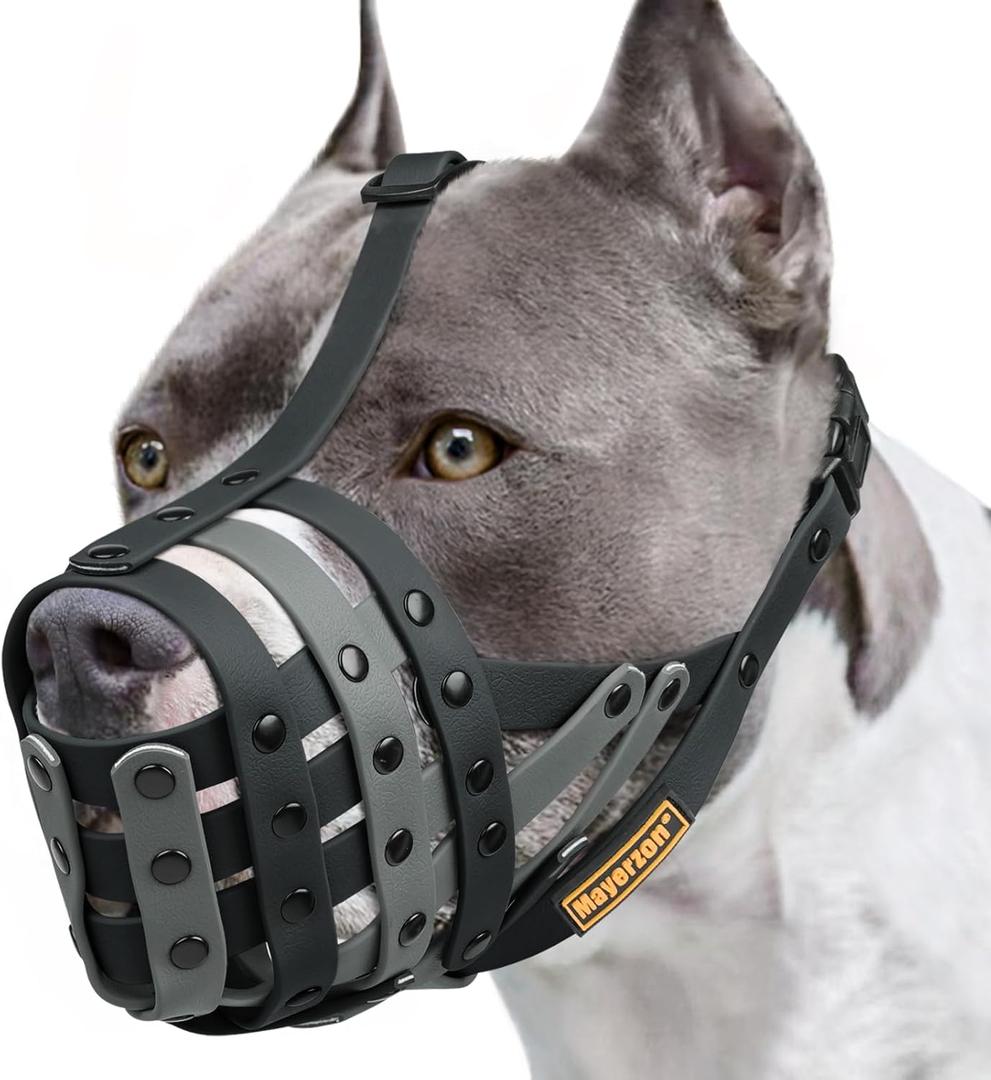 Mayerzon Pitbull Muzzle, Lightweight Basket Muzzle for Dogs Rottweiler Amstaff to Prevent Biting Eating, Safe for Grooming Vet Visits Training, Allows to Pant Drink, Adjustable & Sturdy (L [Snout Cir: 11.5"-13"], BlackGrey)
