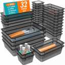 WOWBOX 32 PCS Clear Plastic Drawer Organizer Set, 4 Sizes Desk Drawer Organization and Storage Containers for Makeup, Cosmetics, Jewelry and Gadgets in Kitchen, Bathroom, Bedroom, Office, Clear Black