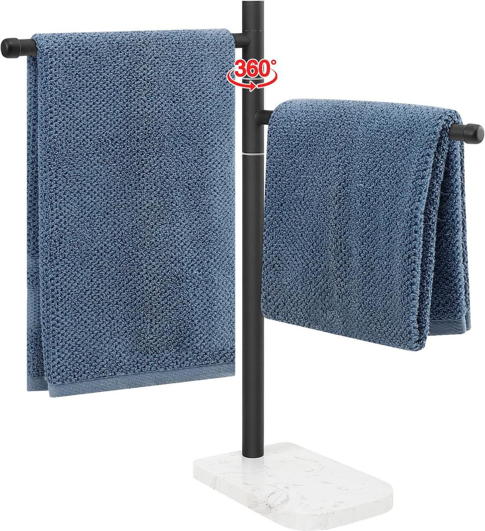 Hand Towel Holder, F-Shape Hand Towel Stand with Marble Base, Stainless Steel Swivel Hand Towel Rack Bar Standing for Bathroom Kitchen Countertop, 2 Arms (Matte Black)