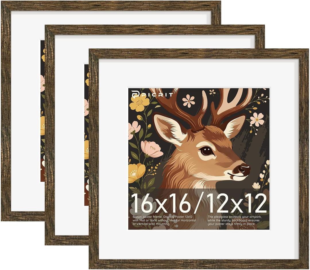 16x16 Rustic Brown Picture Frame, Poster Frame for Wall, 3 Pack | Fits 12x12 Photos With Mat or 16x16 Without Mat, Square Wall Display, Artwork, Gallery Wall & Home Decor