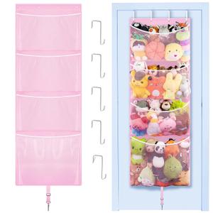 Hanging Stuffed Animal Storage, Over Door Large Plush Toy Organizer with Metal Hook, Baby Accessory Holder Idea for Nursery, Doll & Bear Mesh Hammock Bag for Girl Boy Kid Room (Pink)