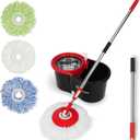 Simpli-Magic Spin Mop and Bucket with Wringer Set, 360 Spinning Mop Bucket System with 3 Microfiber Mop Replacement Heads and Stainless Steel Adjustable Handle for Floor Cleaning (Black)