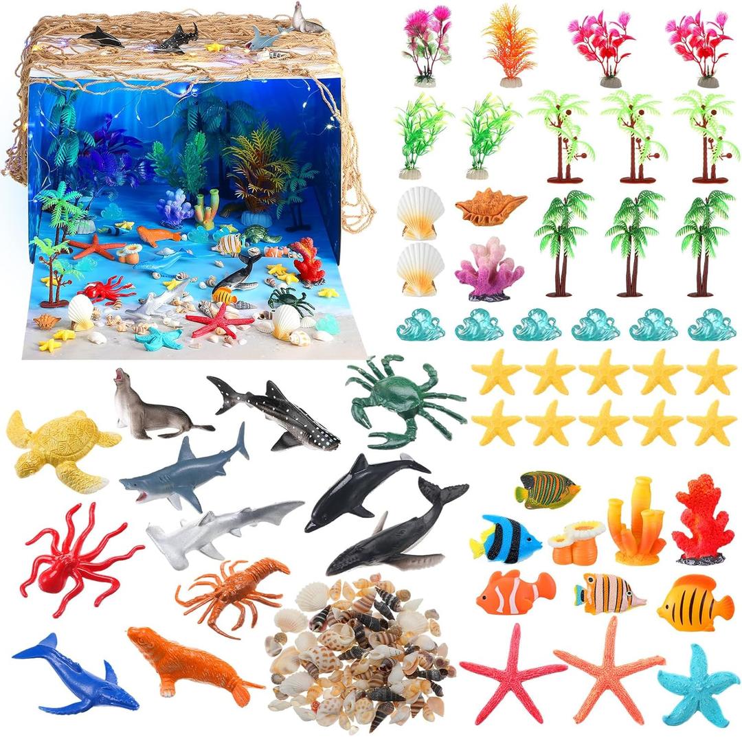 Teyva Daily 60 Pcs Ocean Diorama Kit Habitat Project Box Set Ocean Diorama Supplies Include Sea Animal Figures Artificial Coral Artificial Trees Sea Grass with Cardboard for DIY Craft Gifts