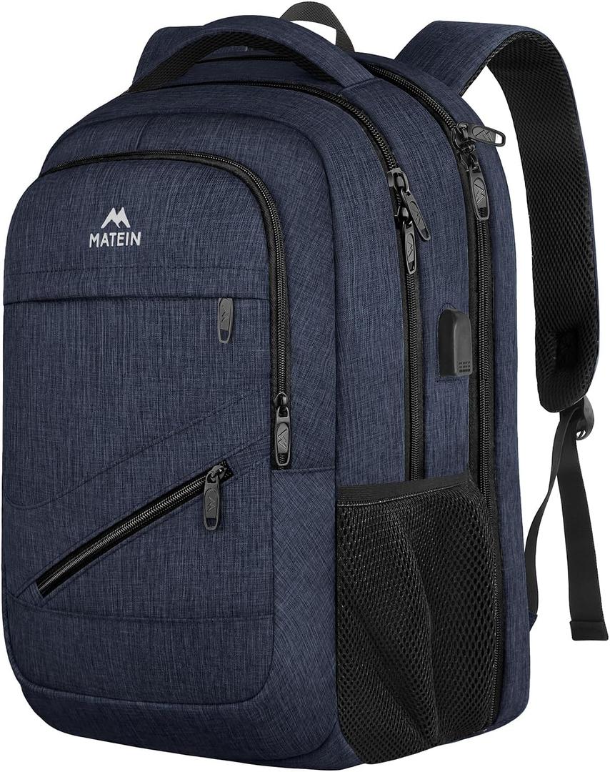 MATEIN 17 inch Laptop Backpack, Large Travel Backpack Carry On TSA Approved with Trolley Sleeve, Computer Work Bag with USB Charging Port, Water Resistant Daypack for College, Dark Blue