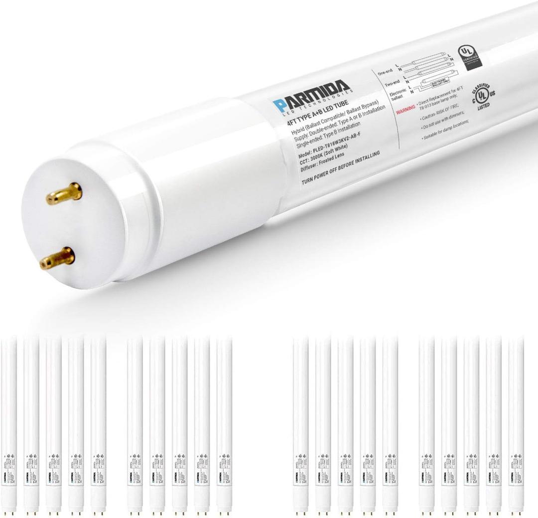 PARMIDA 20-Pack 4FT LED T8 Hybrid Type A+B Light Tube, 18W, Plug & Play or Ballast Bypass, Single-Ended OR Double-Ended Connection, 2200lm, Frosted Cover, T8 T10 T12, UL - 3000K (3000k (Soft White))