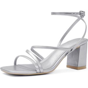 LACUONE Strappy Heels for women Block Heels Square Toe Chunky Ankle Buckle Pump Heeled Sandals (10, Silver)