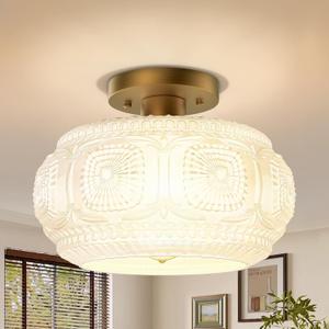 Semi Flush Mount Ceiling Light, Upgraded Larger Milk Glass Shade Modern Ceiling Light Fixture, Vintage Gold Lighting for Hallway Bedroom Entryway Kitchen Porch, 11.03 inch