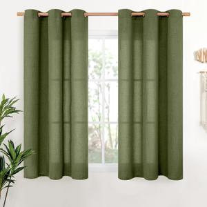 YoungsTex Olive Linen Curtains 45 Inch Length 2 Panels, Dark Green Short Drapes Semi Sheer with Bronze Grommet Light Filtering for Living Room Windows, 42 X 45 Inch