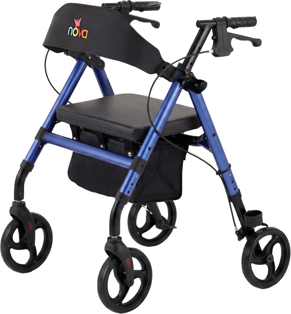 NOVA Vega Rollator Walker - Lightweight 18 lb Folding Mobility Walker, 8” Wheels, Adjustable Height, Hand Brakes, Padded Seat & Backrest, Blue