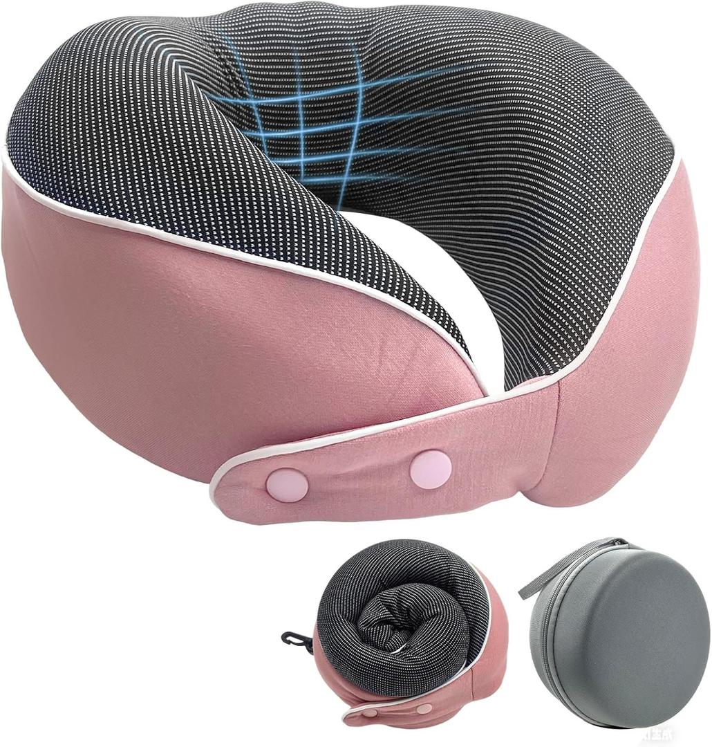 Neck Pillow Airplane - Premium Memory Foam Travel Pillow with Portable Storage Case, 360 Neck Support, Compact Lightweight for Long Flights, Office & Travel (Pink)