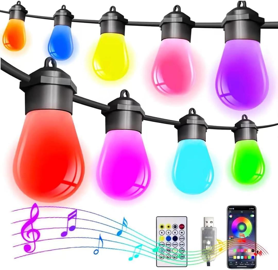Smart Outdoor String Lights Waterproof 36FT with 15 Dimmable RGB LED Edison Bulbs USB Powered,Indoor/Outside String Lights,Color Change 213 Scene Modes, Remote/APP Control,Decor Patio Garden Camping
