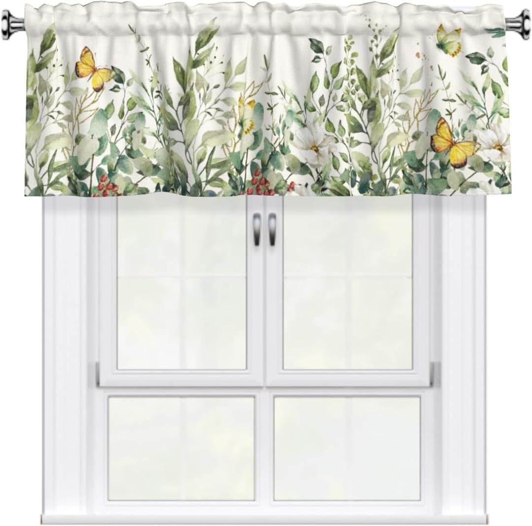 Eucalyptus Leaves Valances for Window, Kitchen Window Curtain Sage Green, Floral Leaf Decorations Valance for Living Room Laundry Bathroom 54x18 inch with 3 inch Rod Pocket